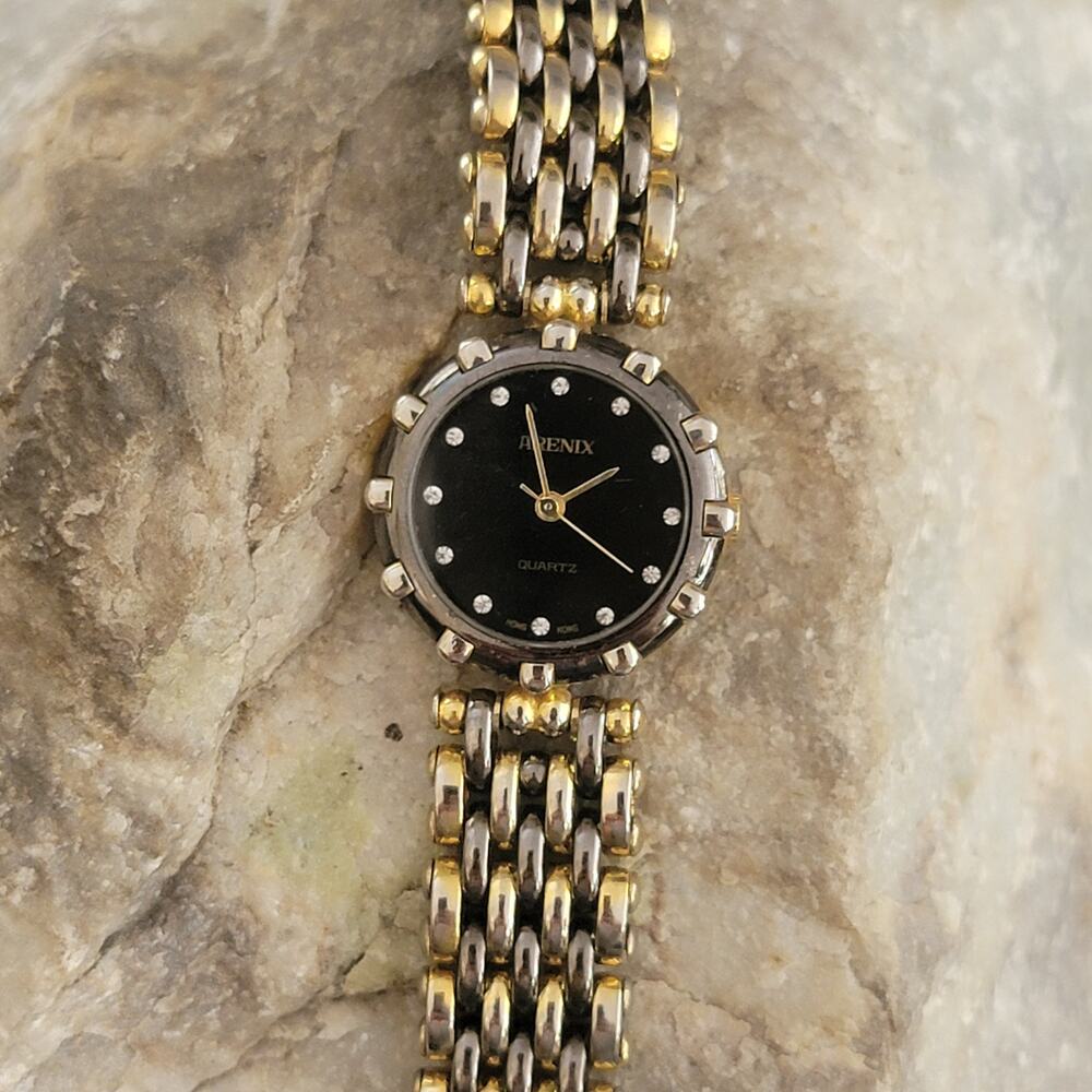 Vintage Watches Arenix Black Dial Two Tone Bracelet Quartz Dress Watch